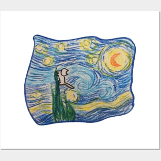 Cat Van Gogh, starry night drawing Posters and Art